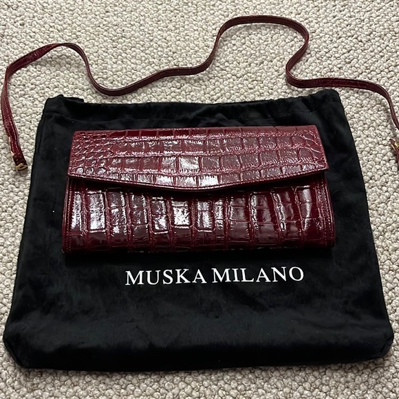Muska Milano Handbags - Burgundy Italian Leather Convertible Clutch Purse w/ Strap Crocodile/Alligator
